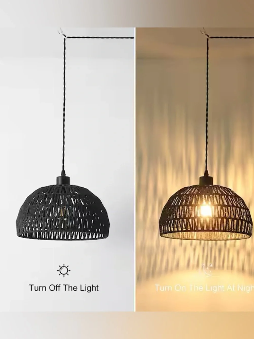 Black Rattan Plug-In Pendant Light Boho Dome Hanging Lamp